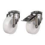 125mm Stainless Steel Swivel & Braked Castor with White Nylon Wheel Single Bolt Hole Fitting