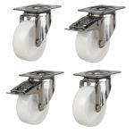 160mm Stainless Steel Swivel & Braked Castors with White Nylon Wheel Set of 4 (1050Kg per Set)