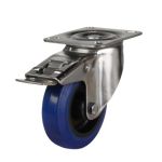 125mm Stainless Steel Swivel, Fixed & Braked Castor with Blue Elastic Rubber/Nylon Wheel