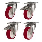 200mm Stainless Steel Swivel & Braked Castors with Non-Marking Maroon Polyurethane/Nylon Wheel Set of 4 (1200Kg per Set)
