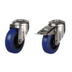 80mm Stainless Steel Swivel & Braked Castor with Blue Elastic Rubber/Nylon Wheel Single Bolt Hole Fitting