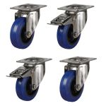 100mm Stainless Steel Swivel & Braked Castors with Non-Marking Blue Elastic Rubber/Nylon Wheel Set of 4 (480Kg per Set)
