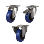 125mm Stainless Steel Swivel, Fixed & Braked Castor with Blue Elastic Rubber/Nylon Wheel