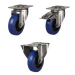 200mm Stainless Steel Swivel, Fixed & Braked Castor with Blue Elastic Rubber/Nylon Wheel